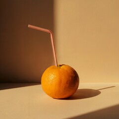 orange with drinking straw minimalist still life natural juice concept harsh sun shadow aesthetic