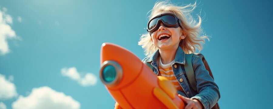 Happy child wears pilot goggles, holds toy rocket. Kid flies through blue sky, white clouds, imagining a space adventure. Joyful girl smiles broadly, exploring future dreams, having fun outside.