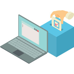 Digital Voting Concept Hand Placing Ballot Into Blue Voting Box Next To Open Laptop Displaying Blank Screen With Red And White Buttons In Isometric View