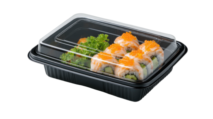 Sushi rolls with roe in black plastic container on black background