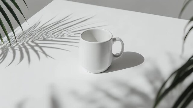 A white mug sits on a white surface with palm leaf shadows falling across it in bright natural light