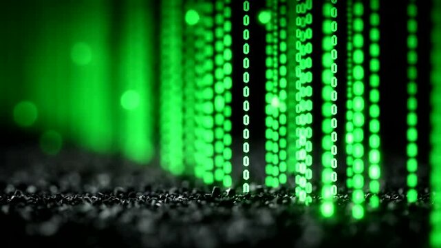 Digital rain of green binary code on dark ground