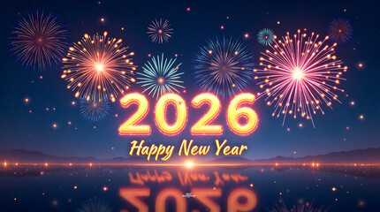 Happy New Year background with colorful fireworks above glowing 2026 numbers reflecting perfectly over calm water.
