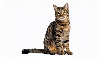 Adorable Tabby Cat Sitting  Looking at Camera with Isolated on White Background.