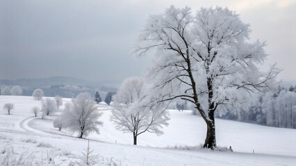 Winter landscape with large hoarfrost covered trees and snowy hills under a cold, gray sky.