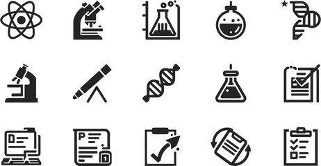 Collection of science and research icons, including atom, microscope, flask, DNA, and other laboratory equipment, perfect for scientific presentations and educational materials.