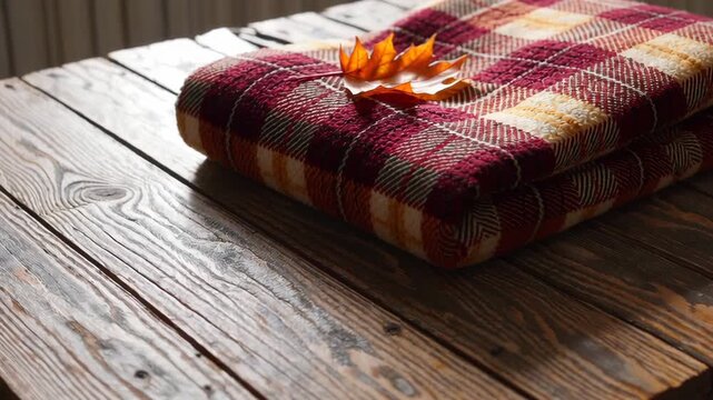 Cozy autumn vibes with falling leaves on plaid blanket