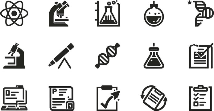 Collection of science and research icons, including atom, microscope, flask, DNA, and other laboratory equipment, perfect for scientific presentations and educational materials.