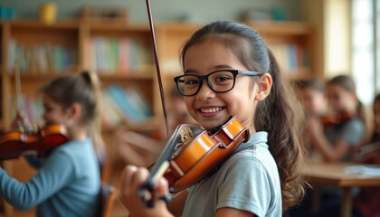 Happy young girl with glasses plays violin in music classroom. Smiles, focused on lesson. Children learn string instruments together. Kids practice orchestra skills, enjoying early music education.