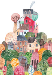 Cute old town. Houses, trees. Wall art. Design for a children's room, poster, postcard. Watercolor illustration. Childish style. Houses in the forest.
