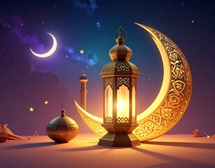 Illuminated lantern and crescent moon under a starlit night