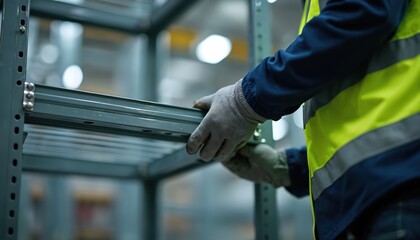 Worker assembles metal shelving unit inside warehouse. Man wearing safety vest and gloves. Construction worker installs storage shelves in building. Team work during warehouse organization process.