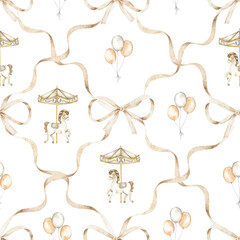 Seamless watercolor pattern with carousel horses, bows, pastel balloons, ribbons. Suitable for nursery textiles, baby shower invitation, wrapping paper, cardmaking, scrapbooking, gift packaging. © Evgeniia