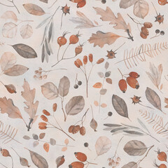 Vintage watercolor pattern with leaves, berries and seeds. Cute seamless pattern. Background for your design, textile, wallpaper.