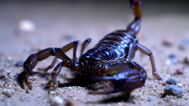 Dark glossy scorpion poised on a sandy surface with small pebbles.