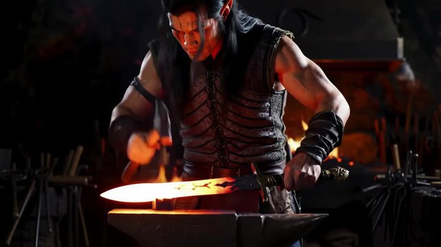 Muscular fantasy character hammering glowing metal on anvil producing bright sparks