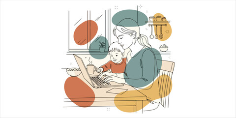 Brief family bonding moment as mom works on laptop at kitchen table, A refined continuous line art illustration enhanced with abstract color blocks and organic shape