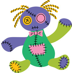Quirky Stitched Rag Doll With Purple Head Green Body And Orange Accents Sitting Playful Pose White Background Transparent