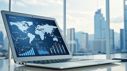 Modern laptop displaying global financial data with city skyline in the background, ideal for business themes - Powered by Adobe