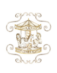 Watercolor illustration with ornate gold frame, decorated with carousel horses and bows. Designed for monogram, baby shower invitation, nursery poster, birthday card, or personalized gift. © Evgeniia