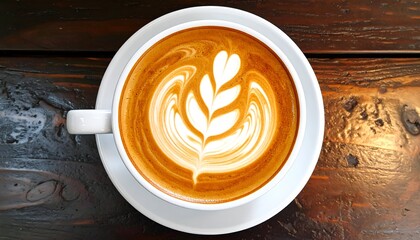 Top-down view of a cappuccino with floral latte art on a dark wooden table