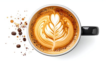 Overhead view of a black mug filled with latte art, surrounded by coffee beans and splashes