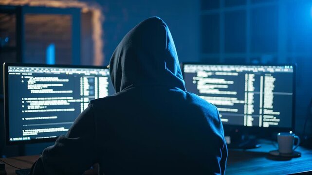 Mysterious hacker working at dual computer screens in a dark room with code on display