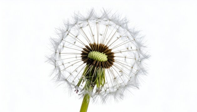 Close-up of a dandelion seed head against a stark white background