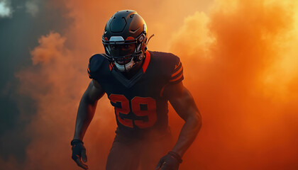 American football player stands ready in dramatic orange smoke. Powerful athlete wears black uniform, helmet, number 29 jersey. Looks focused, preparing to compete on field with strength,