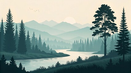 Minimalist flat design illustration of a river winding through misty evergreen pine forest and mountains