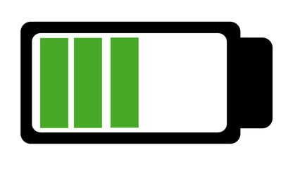 Medium battery icon with green level, power symbol, simple design