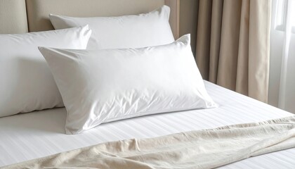 Comfortable White Pillows on a Bed with Soft Curtains in the Background, Creating a Serene and Relaxing Atmosphere