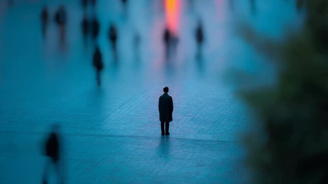 Lonely figure in a foggy urban landscape evoking feelings of isolation and contemplation