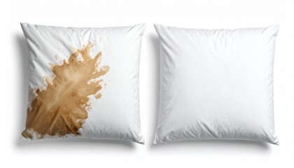 Comparing a stained pillow with a clean pillow, illustrating the contrast between before and after cleaning or a new vs old item