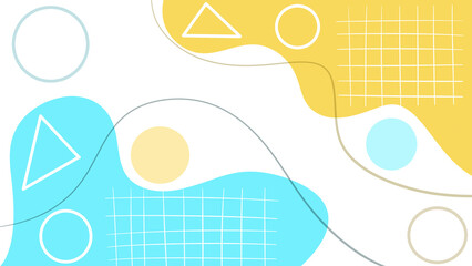 Memphis-style background with lines, circles, and triangles in pastel blue, yellow, and orange tones, geometric pattern, playful design