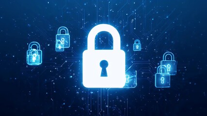Digital security depiction blue circuit with glowing padlocks signifying secure data transmission and system protection