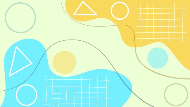 Memphis-style background with lines, circles, and triangles in pastel blue, yellow, and orange tones, geometric pattern, playful design