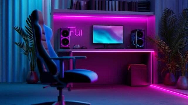 Stylish gaming chair in modern workspace with colorful lighting and tech gadgets