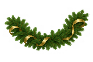 Christmas pine garland decorating with golden ribbon, festive holiday evergreen branch border on transparent background
