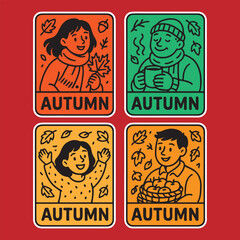 Celebrate the vibrant autumn season with these cheerful characters enjoying cozy drinks, colorful leaves, and apple harvests in fun seasonal illustrations