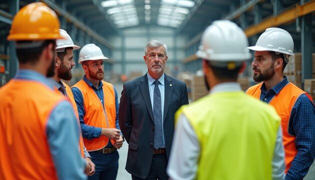 Manager with engineers group meet at factory warehouse. Team listens boss opinion about production. Skilled workers with hardhats, reflective vests discuss project in manufacturing plant at industry.