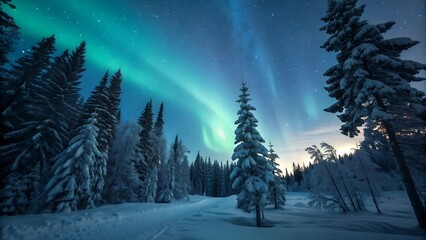 Spectacular Aurora Borealis (Northern Lights) dancing over a snow covered pine forest and winter landscape