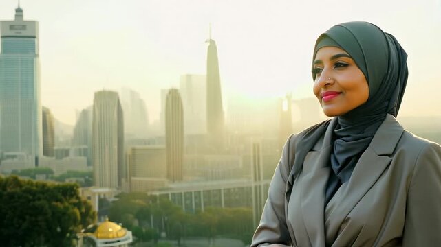 An Arabian businesswoman with hijab in a formal suit against the backdrop of skyscrapers. Businesswoman dressed formally with hijab poses confidently with skyscrapers behind.