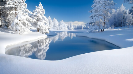 Snowy trees line a calm blue lake with clear sky above, creating stunning reflections in this tranquil winter landscape.