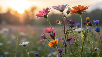 Closeup of colorful wildflowers in a meadow illuminated by golden sunset or sunrise light.