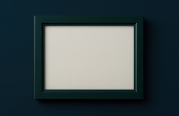 Empty dark green photo frame on a smooth dark blue background with minimal design and modern artistic composition