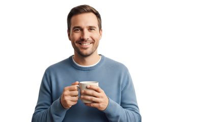 Smiling man holding a mug of coffee isolated on transparent background