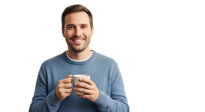 Smiling man holding a mug of coffee isolated on transparent background