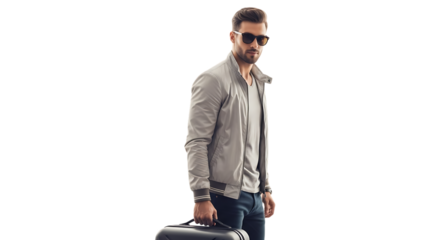 Stylish man with sunglasses holding a suitcase isolated on transparent background