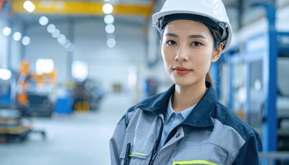 Portrait of a professional young Asian female engineer in a hard hat, standing confidently inside a modern industrial manufacturing facility